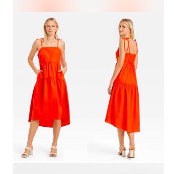 Who What Wear Dresses & Skirts - Who What Wear Orange Midi Dress Tie Strap Sleeveless Summer Small Pockets Color